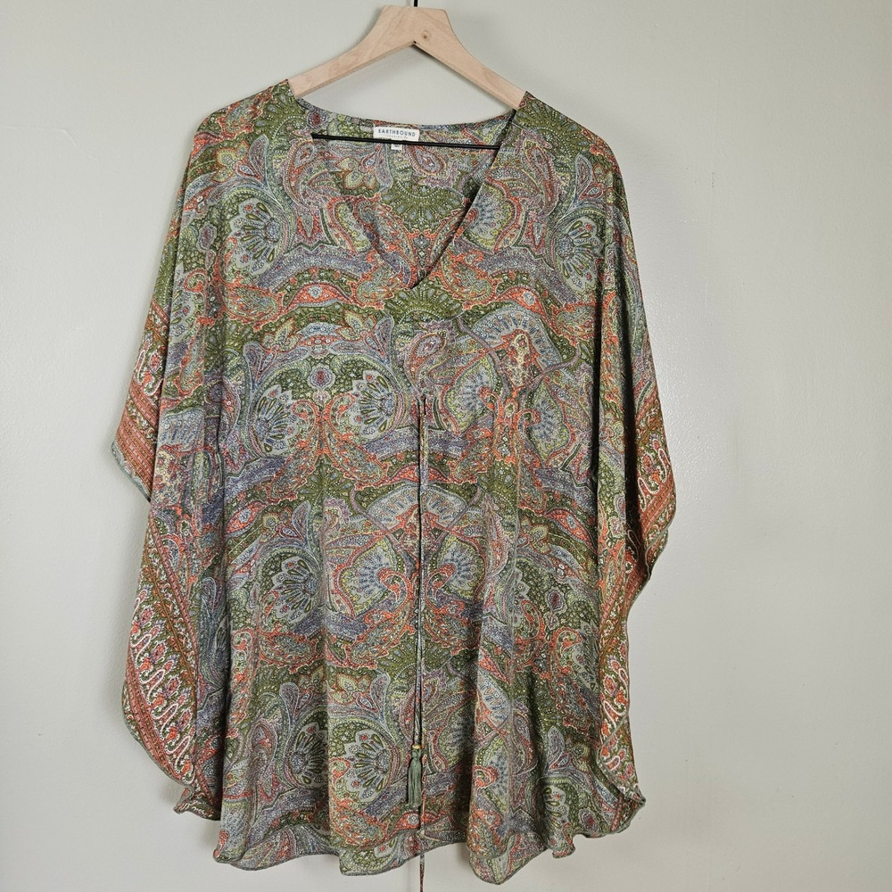 Earthbound Trading Satin Paisley Kimono Top Sz M Sage Green Rust Hippie Tunic